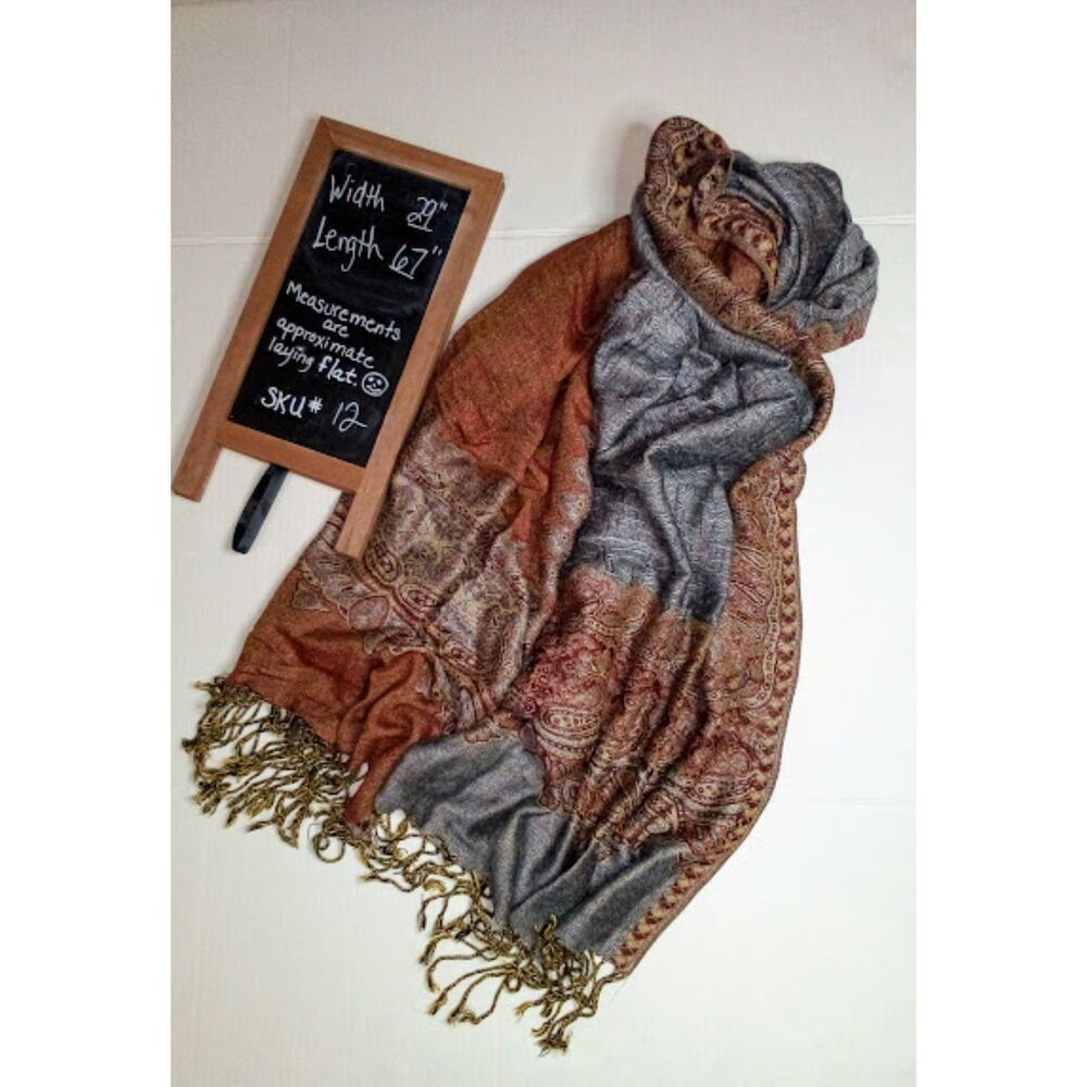 Pashmina Silk Wool Blend Wrap Women's 67" Brown gray Fringe Scarf
